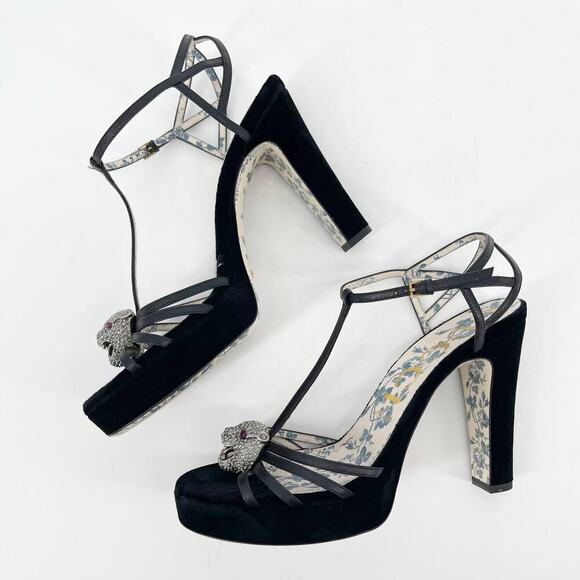 Gucci Black Velvet Elias Platform Sandals with Crystal Tiger Feline Head EU 40 - Picture 4 of 12